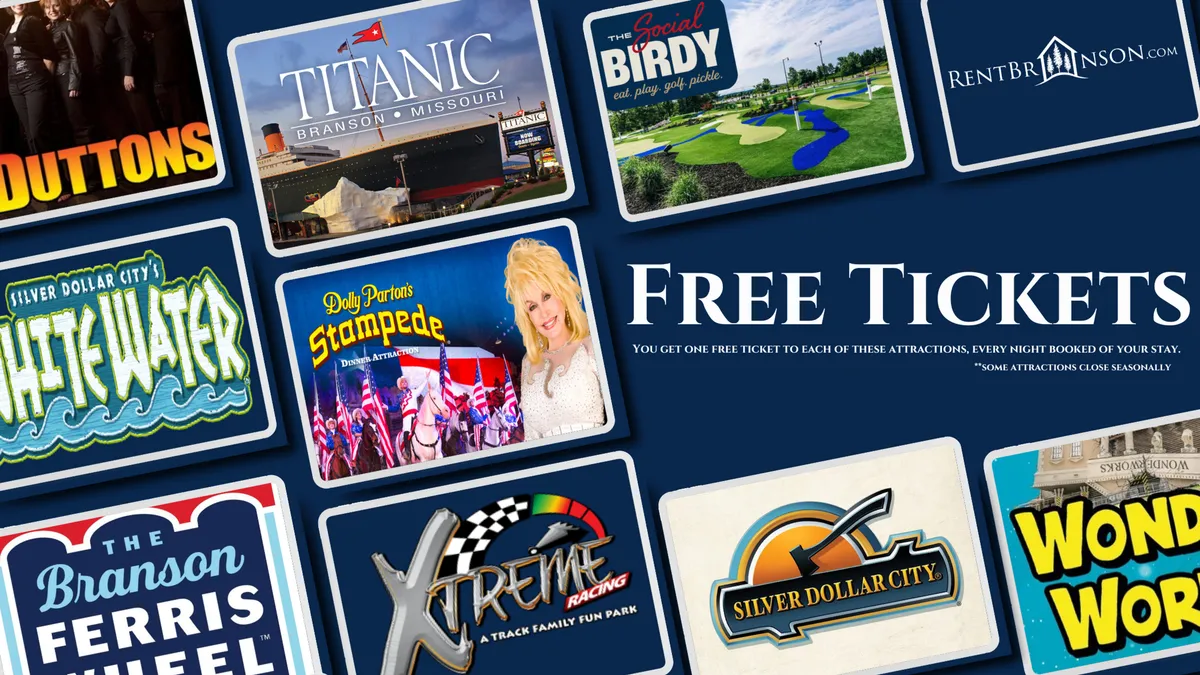 This vibrant interior image displays an assortment of attraction tickets, with bold text indicating 'Free Tickets' and colorful logos from various family-friendly attractions. The energetic scene suggests the excitement of exploring local favorites like Silver Dollar City and Branson Landing, tying the property experience to the broader Branson area.